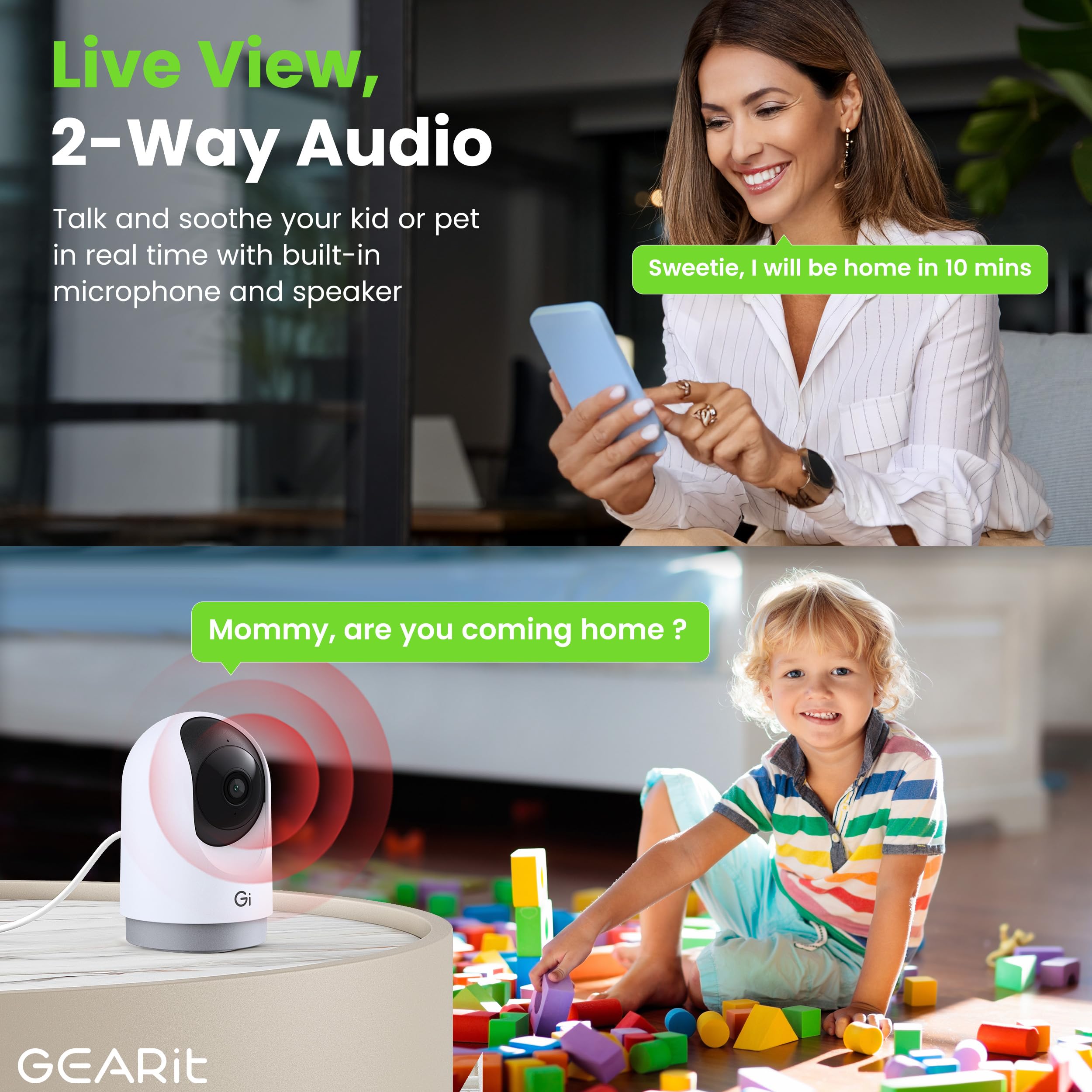 GEARit Smart Camera two-way audio allows you to converse with family.