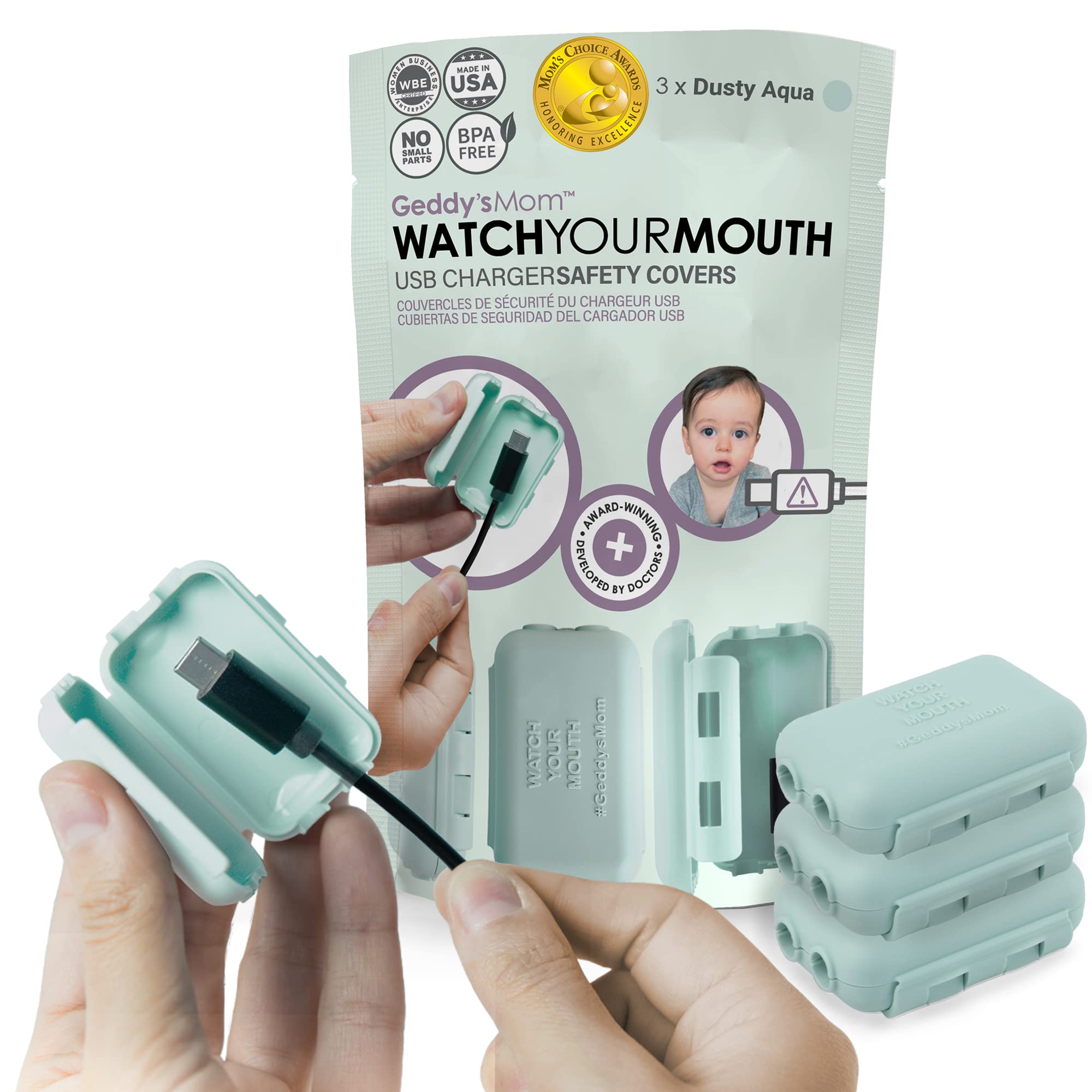 Geddy's Mom Watch Your Mouth USB charger cover in dusty aqua protecting small fingers while charging