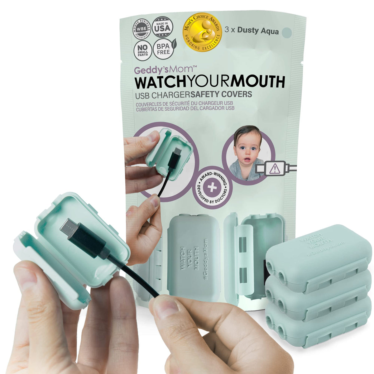 Geddy's Mom Watch Your Mouth USB charger cover in dusty aqua protecting small fingers while charging
