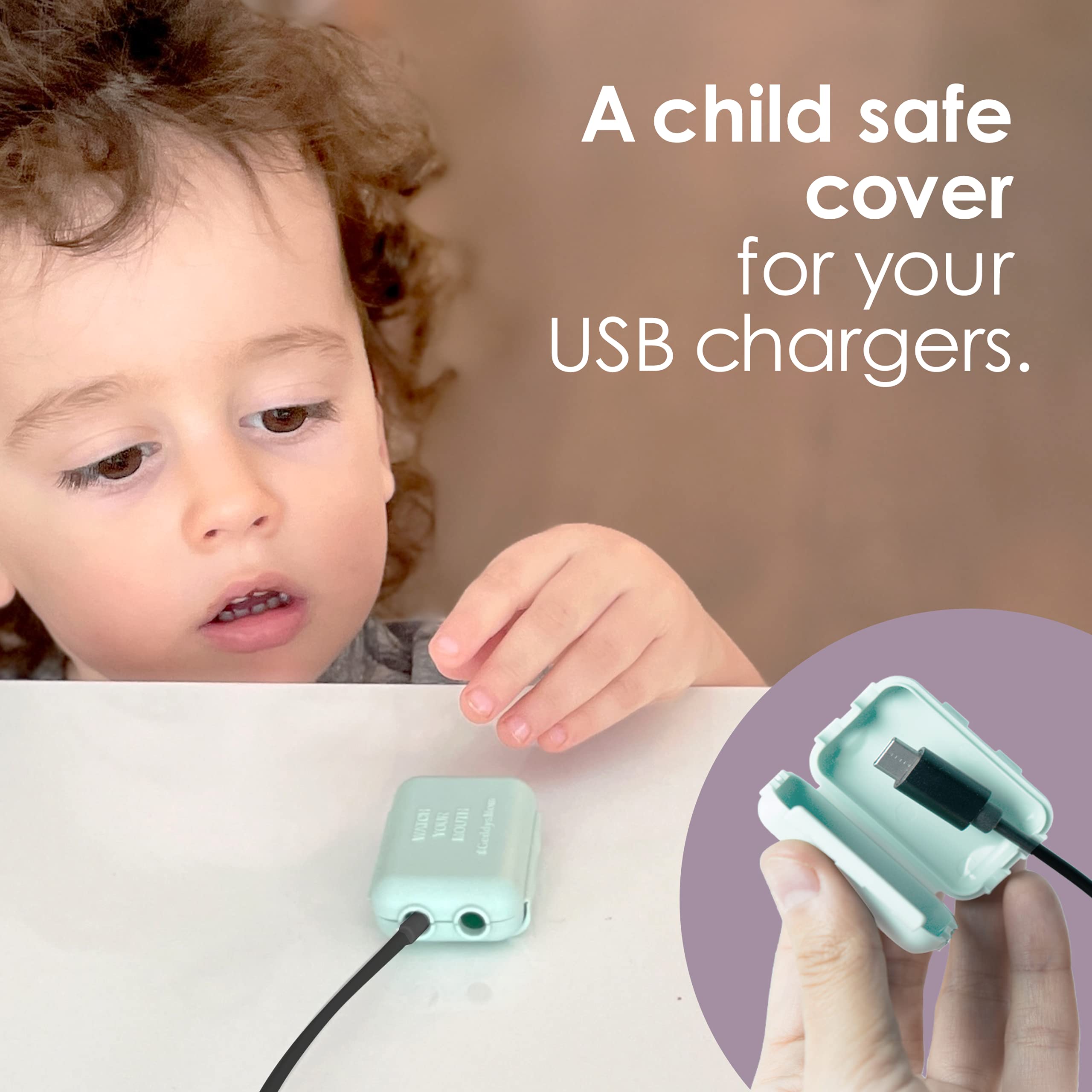 Geddy's Mom Watch Your Mouth protector clips on white, compatible with USB-C, Micro, and Lightning cables.