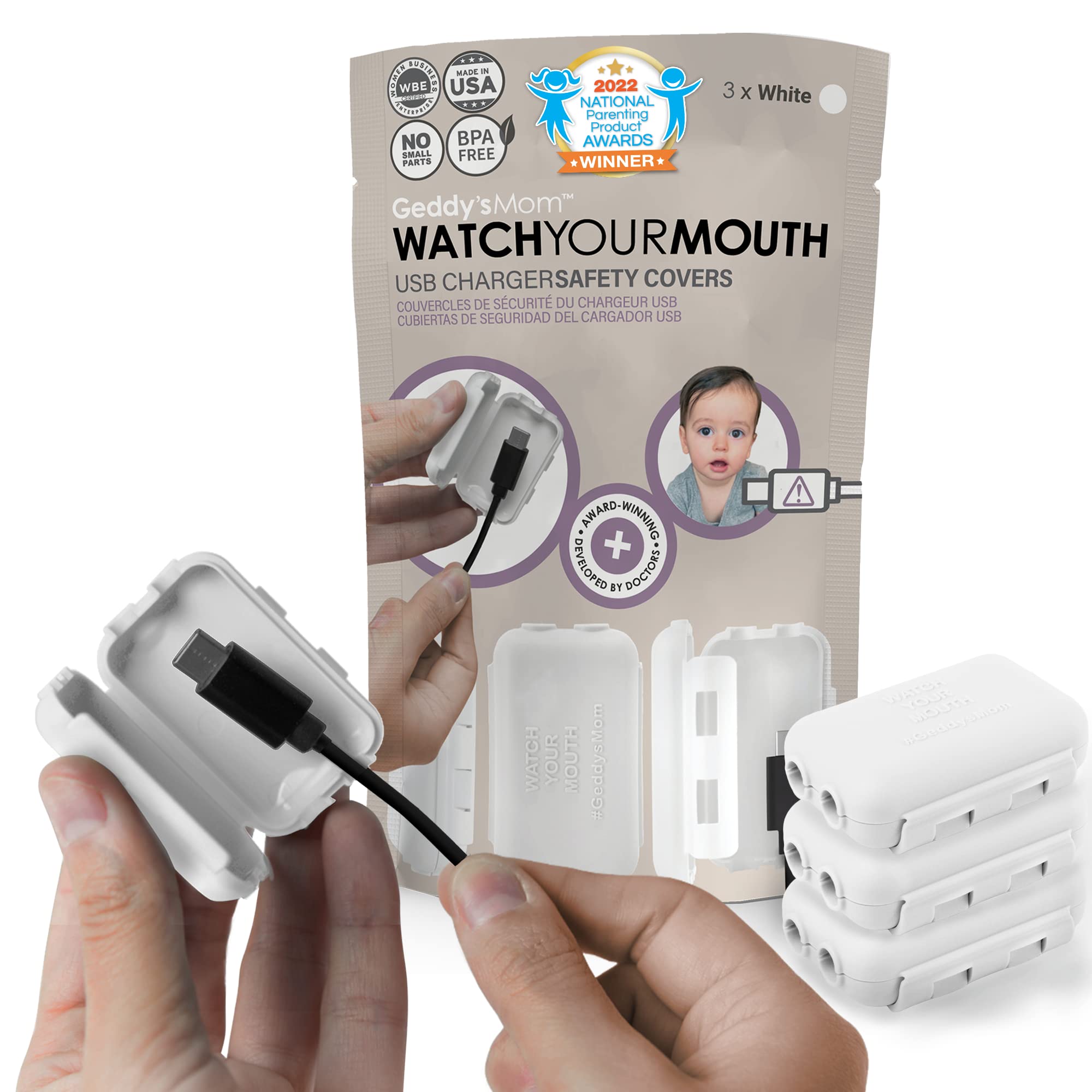 Geddy's Mom Watch Your Mouth protector closeup white, BPA-free, keeps USB tips out of kids' reach.