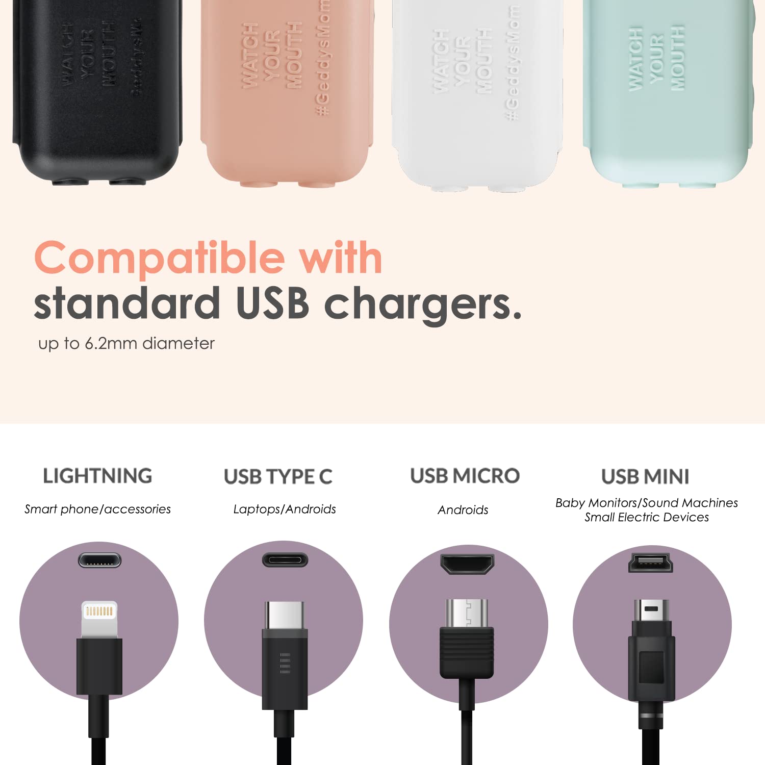 Geddy's Mom Watch Your Mouth protector in use indoors white, reduces accessibility to charger tips.
