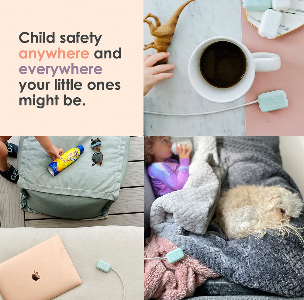 Geddy's Mom Watch Your Mouth protector on cable white, snaps shut for quick baby-proofing.