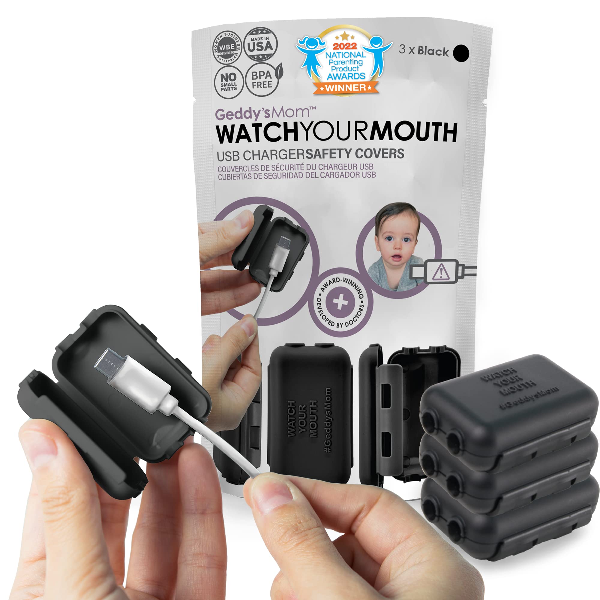 Geddy's Mom Watch Your Mouth USB cover shown on a cable for child-safe charging.