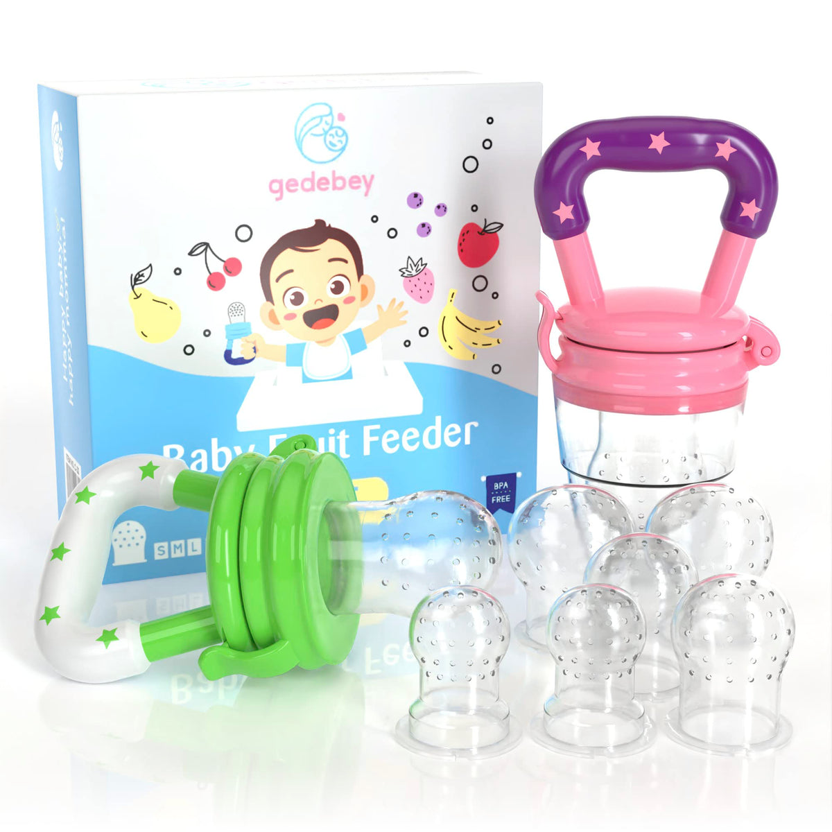 Gedebey baby feeder pacifier assembly with secure lock for easy filling.
