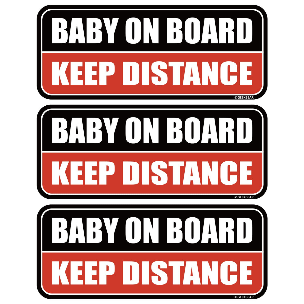 GEEKBEAR baby on board magnet—bold black and red 8.7x3.5 inch design for visibility.
