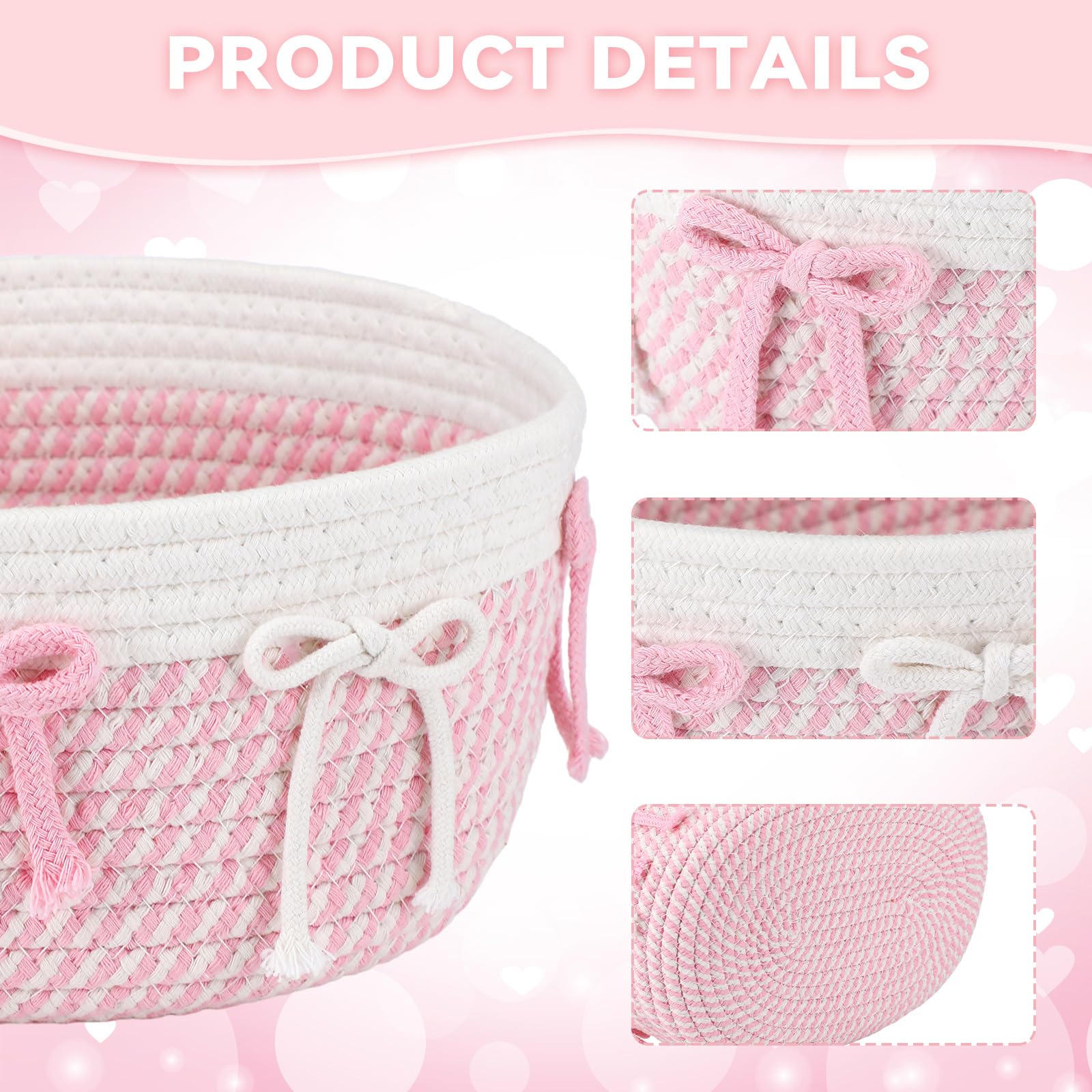 Geelin woven rope basket with pink bow stores toys and books
