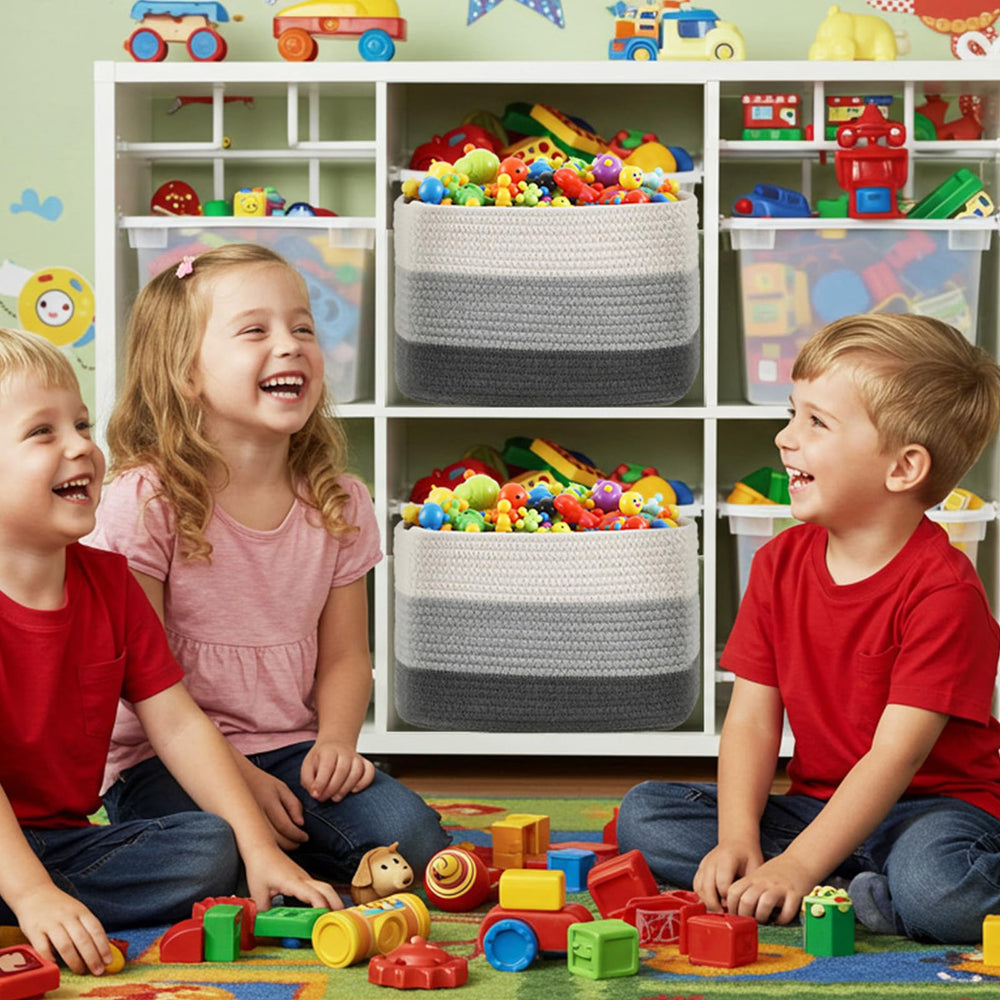 Geetery baskets in nursery decor used to store toys and essentials.