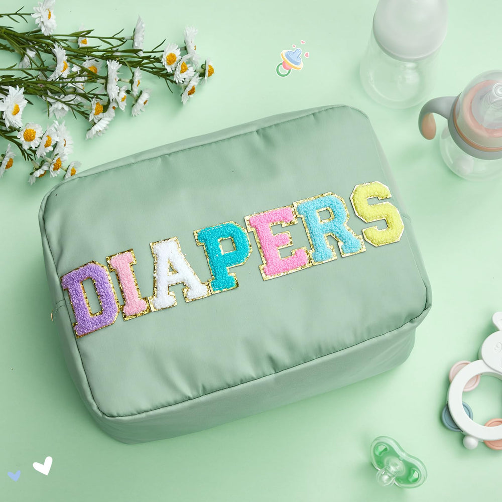 Geetery chenille letter patch diaper bag with glitter adds elegant storage for diaper changes.