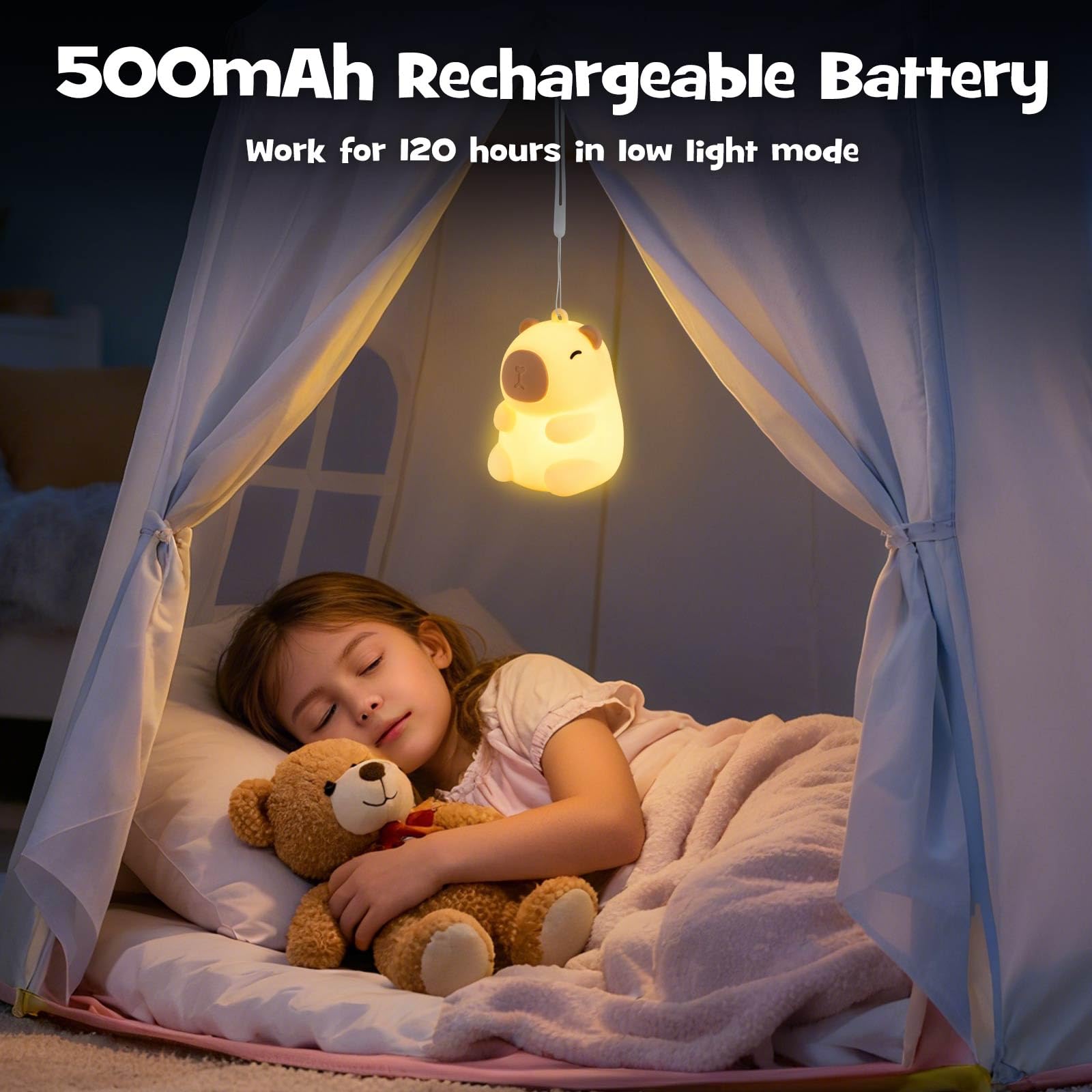 Gefaxi capybara bedside lamp offers gentle 3000K glow for relaxing evenings.