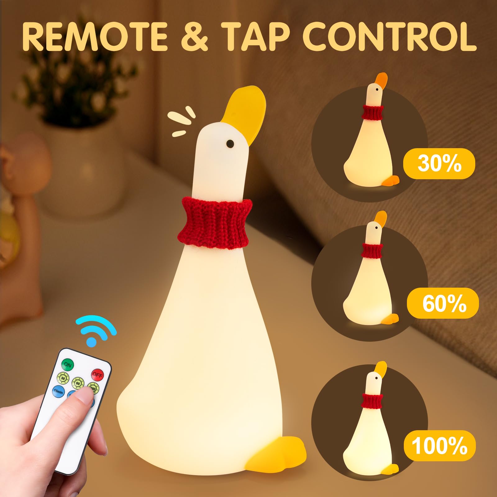 Gefaxi Duck Night Light cordless design delivers warm 3000K glow for cozy dorm room evenings.
