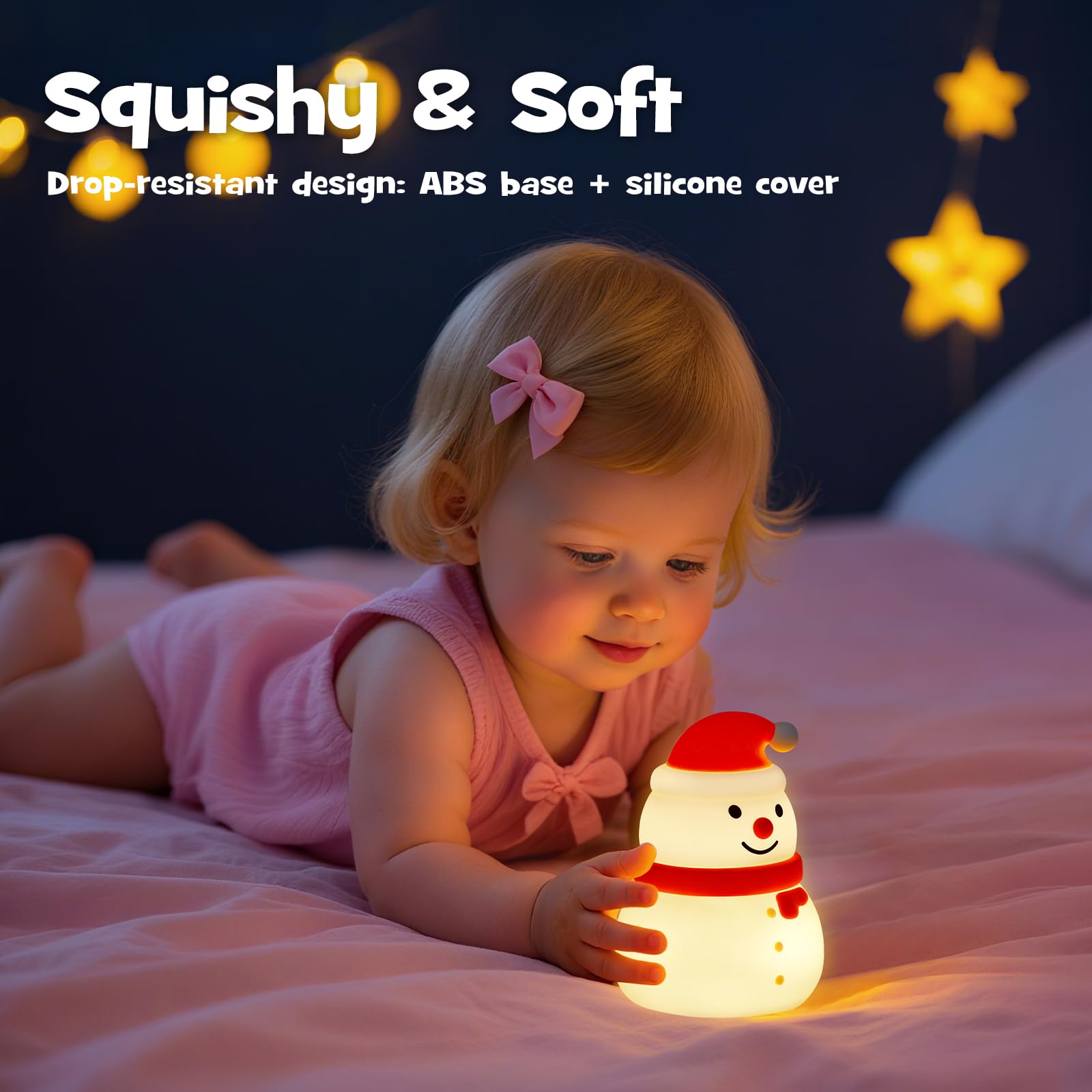 Gefaxi Squishy Christmas Snowman Night Light offers touch control for brightness and color modes