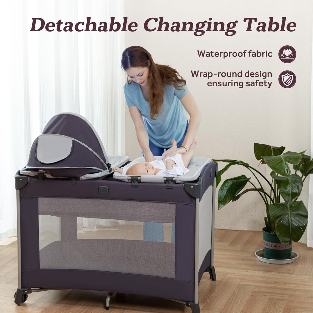 GEGOSEN foldable travel crib stores compactly in its carry bag.