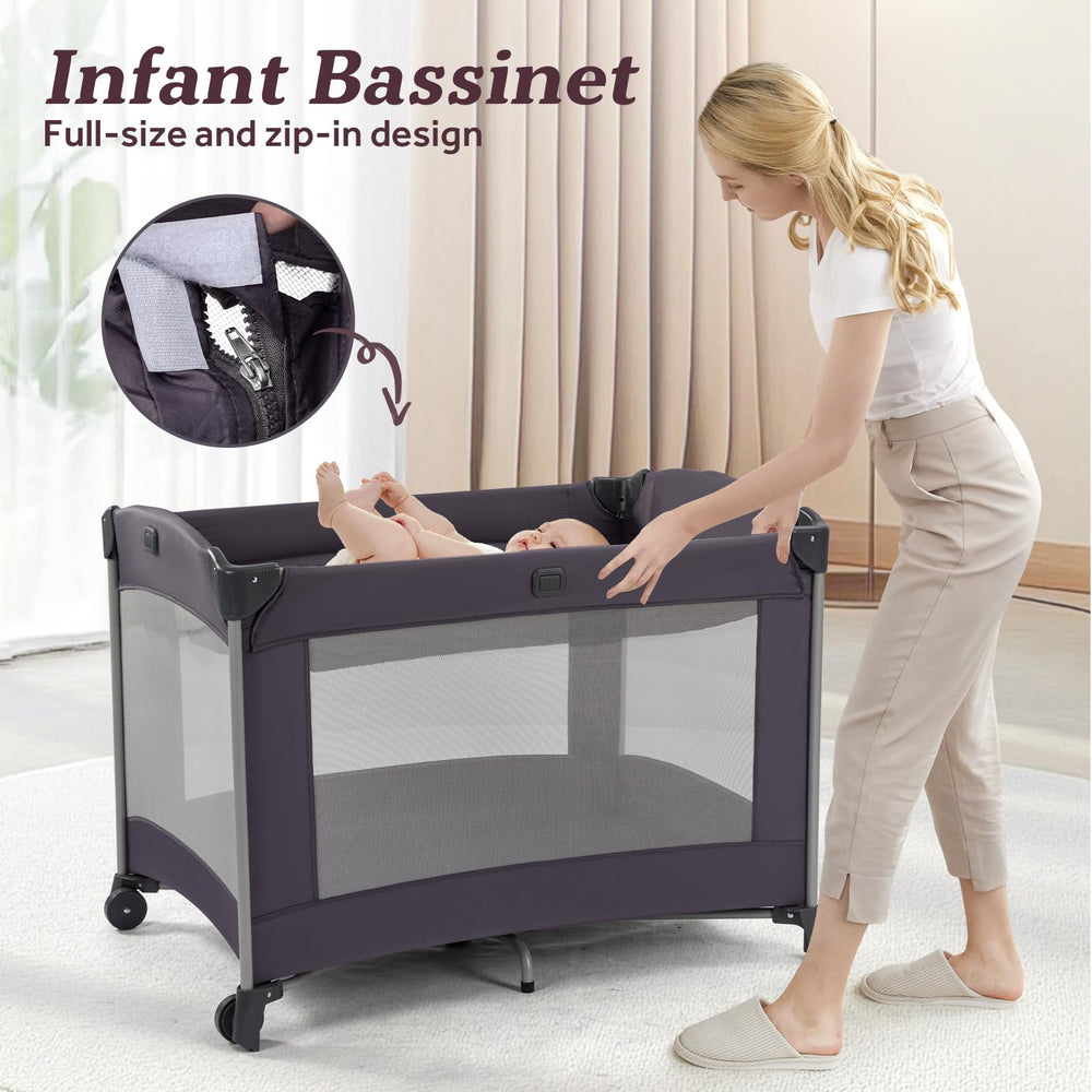 GEGOSEN playard features wheels with brakes for safe, easy repositioning.