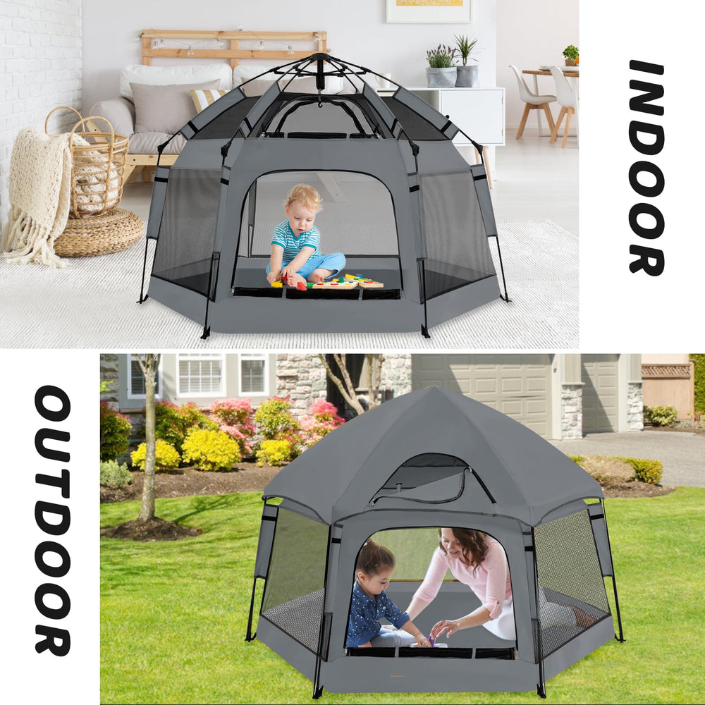 Foldable playpen with stakes from GEIYATOI stays secure on various surfaces.