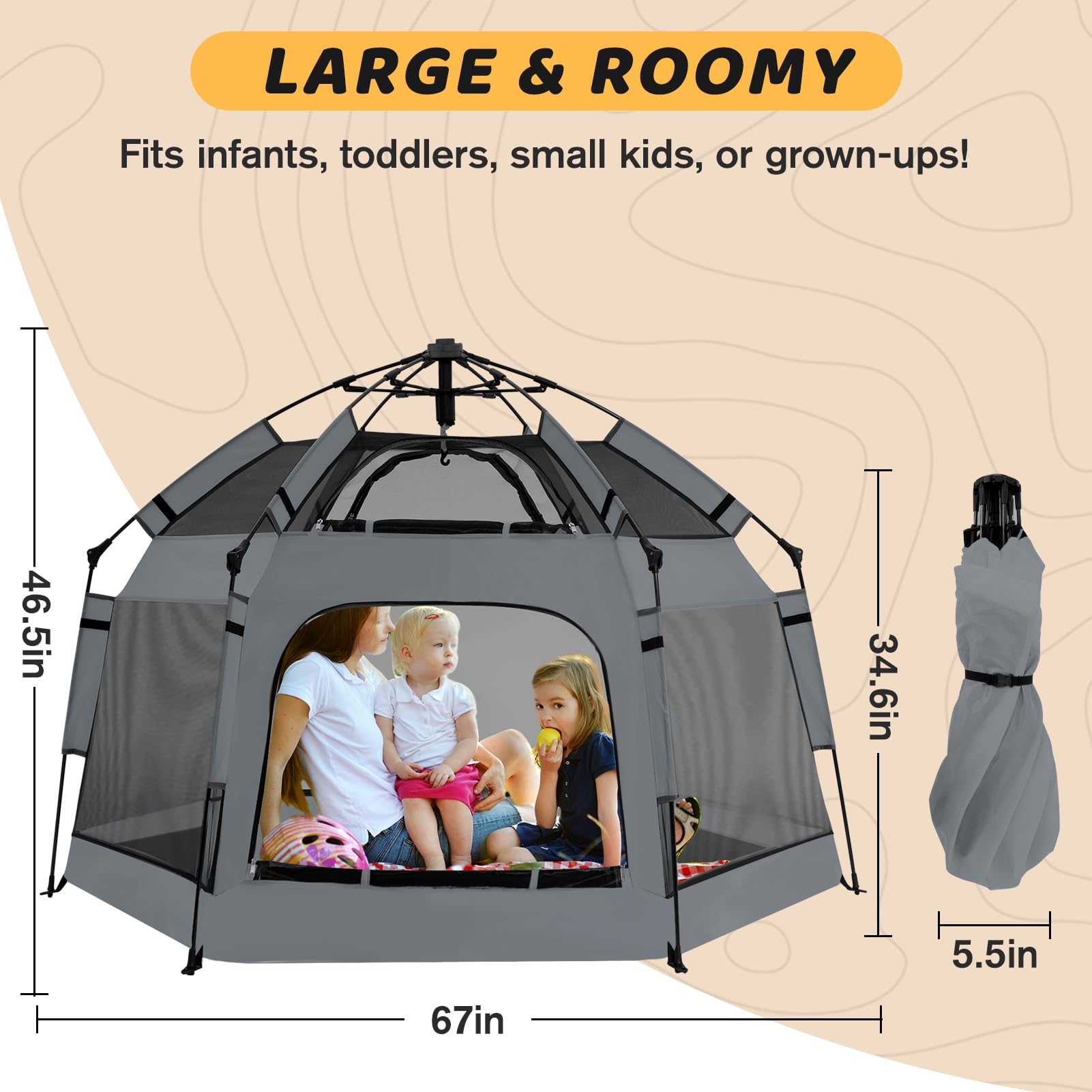 Removable UV shade on GEIYATOI playpen blocks sun for sunny days.
