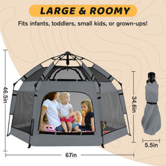 Removable UV shade on GEIYATOI playpen blocks sun for sunny days.