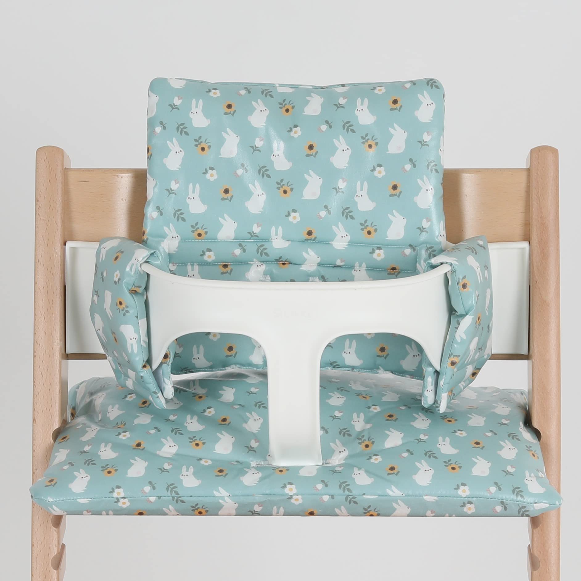 Gembebe waterproof cushion for Stokke Tripp Trapp, mint bunny closeup with stain protection.