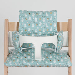 Gembebe waterproof cushion for Stokke Tripp Trapp, mint bunny closeup with stain protection.