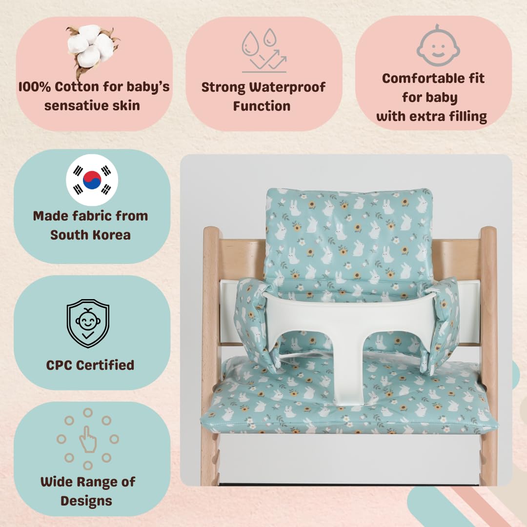 Gembebe mint bunny pattern on Tripp Trapp cushion offers newborn comfort.