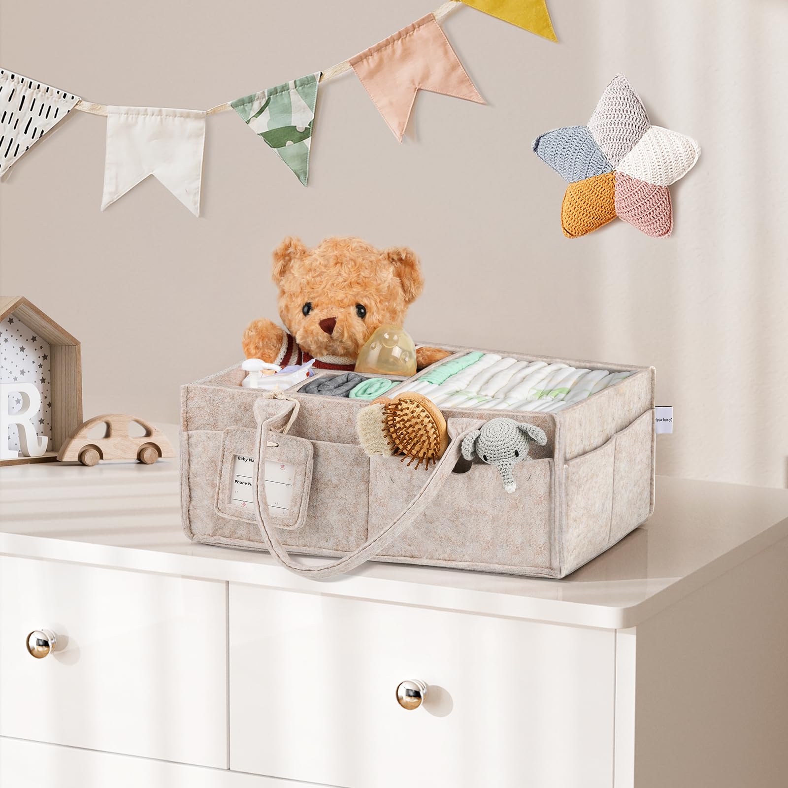 GEMII diaper caddy large oatmeal with handles for transport.
