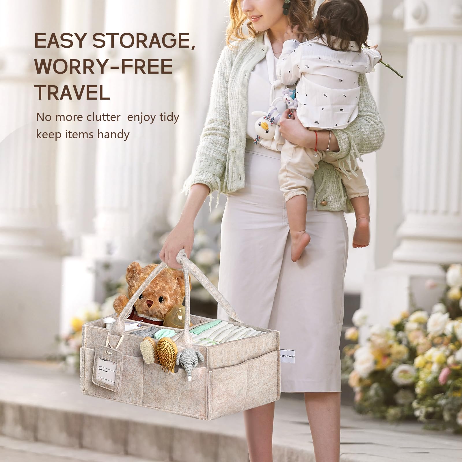 GEMII diaper caddy large oatmeal for nursery or car trips.