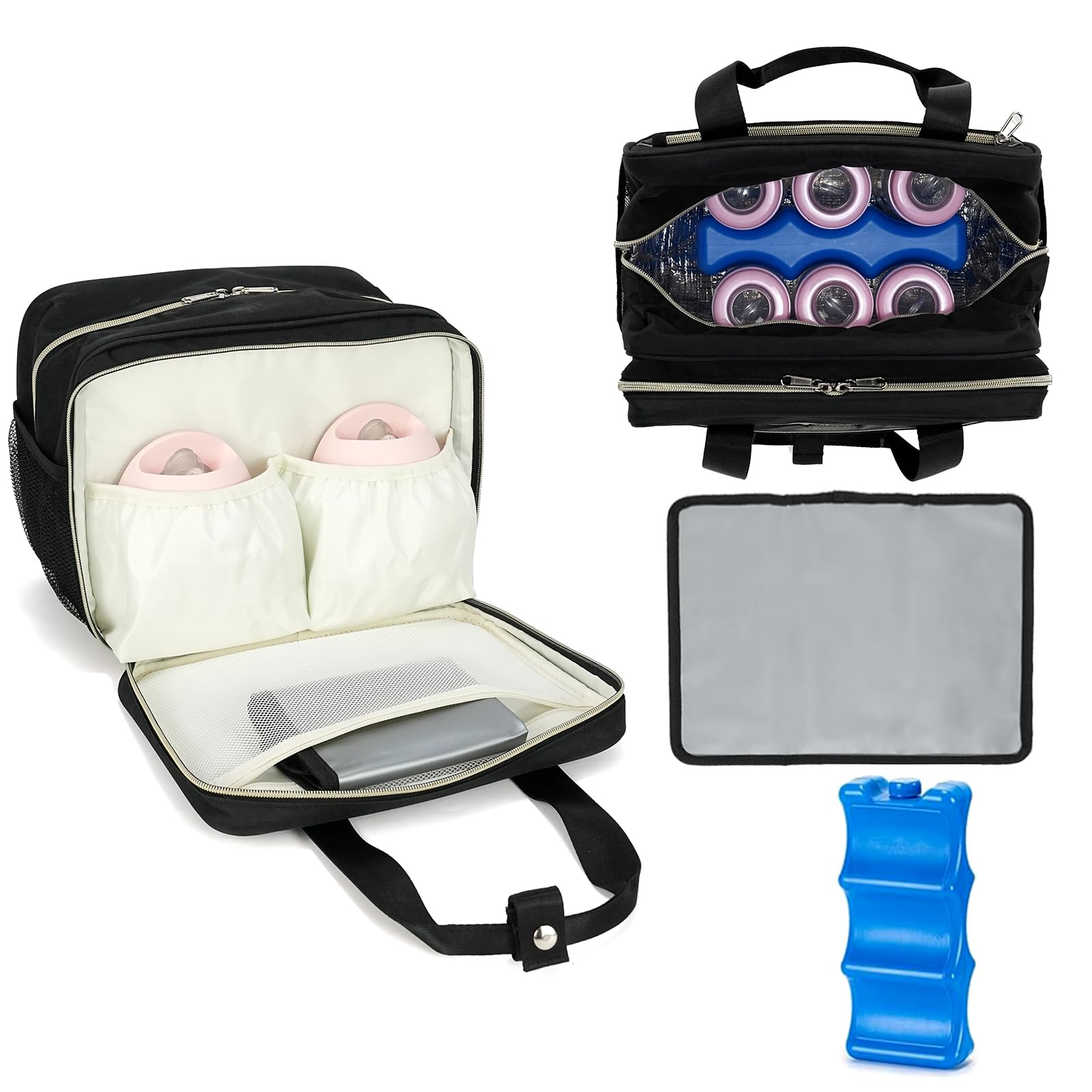 GEMIU breast milk cooler bag in open view showing capacity for six bottles for on-the-go use