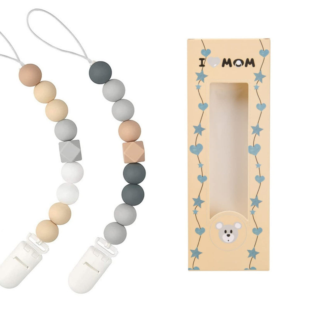 Gemormonee pacifier clip with grey-blue beads keeps pacifiers within reach and clean.