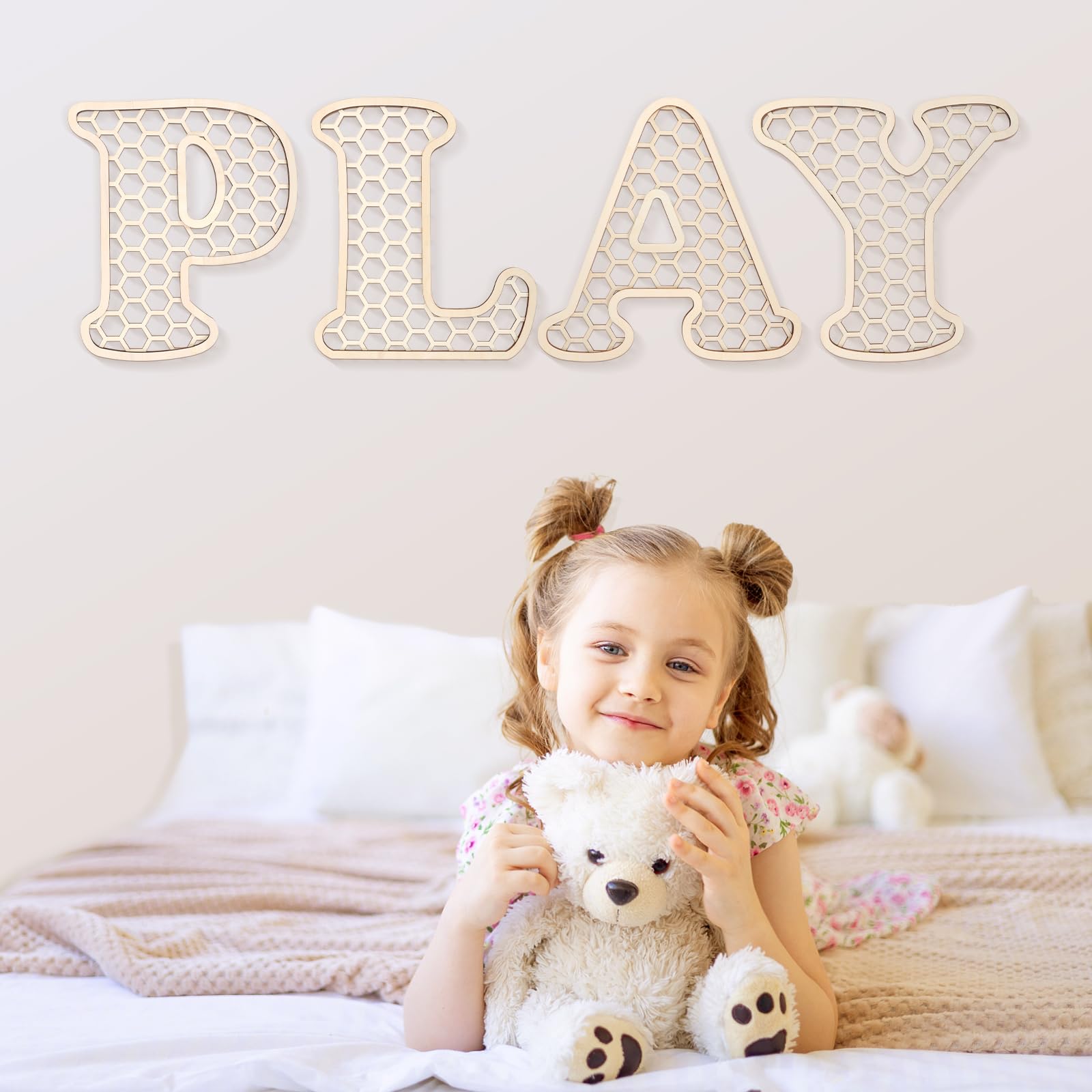 Generic 12-inch wooden rattan letters set enhances play area display and flexibility.