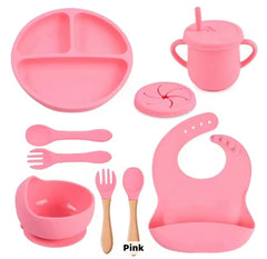 Generic 7-piece silicone baby feeding set bib with pocket catches messes.
