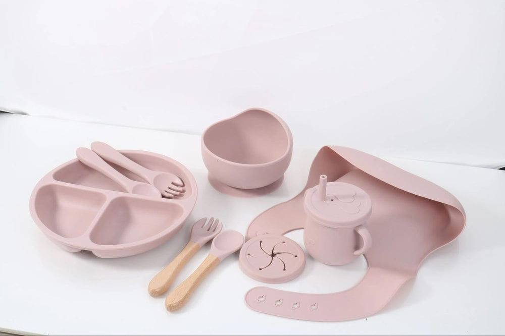Generic 7-piece silicone baby feeding set with divided plate for portion control.