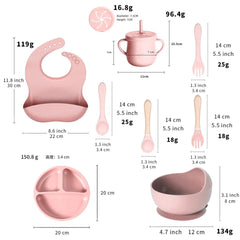 Generic 7-piece silicone baby feeding set sippy cup designed for easy, one-handed use.