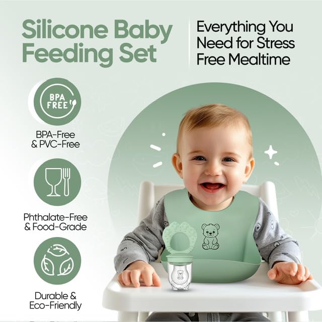 Generic 9-Piece Silicone Baby Feeding Set includes bib for mess-free feedings.
