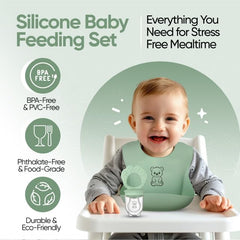 Generic 9-Piece Silicone Baby Feeding Set includes bib for mess-free feedings.