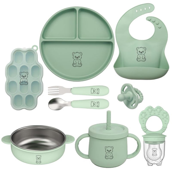 Generic 9-Piece Silicone Baby Feeding Set with suction bowl keeps meals tidy during self-feeding.