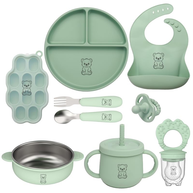 Generic 9-Piece Silicone Baby Feeding Set with suction bowl keeps meals tidy during self-feeding.