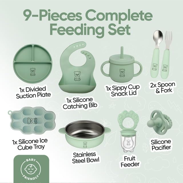 Generic 9-Piece Silicone Baby Feeding Set suction-plate stabilizes trays to prevent spills.