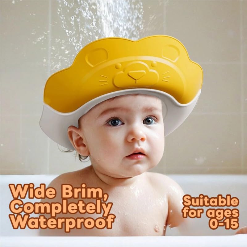 Generic Baby Shower Cap yellow lion design side view shows leak-proof shield