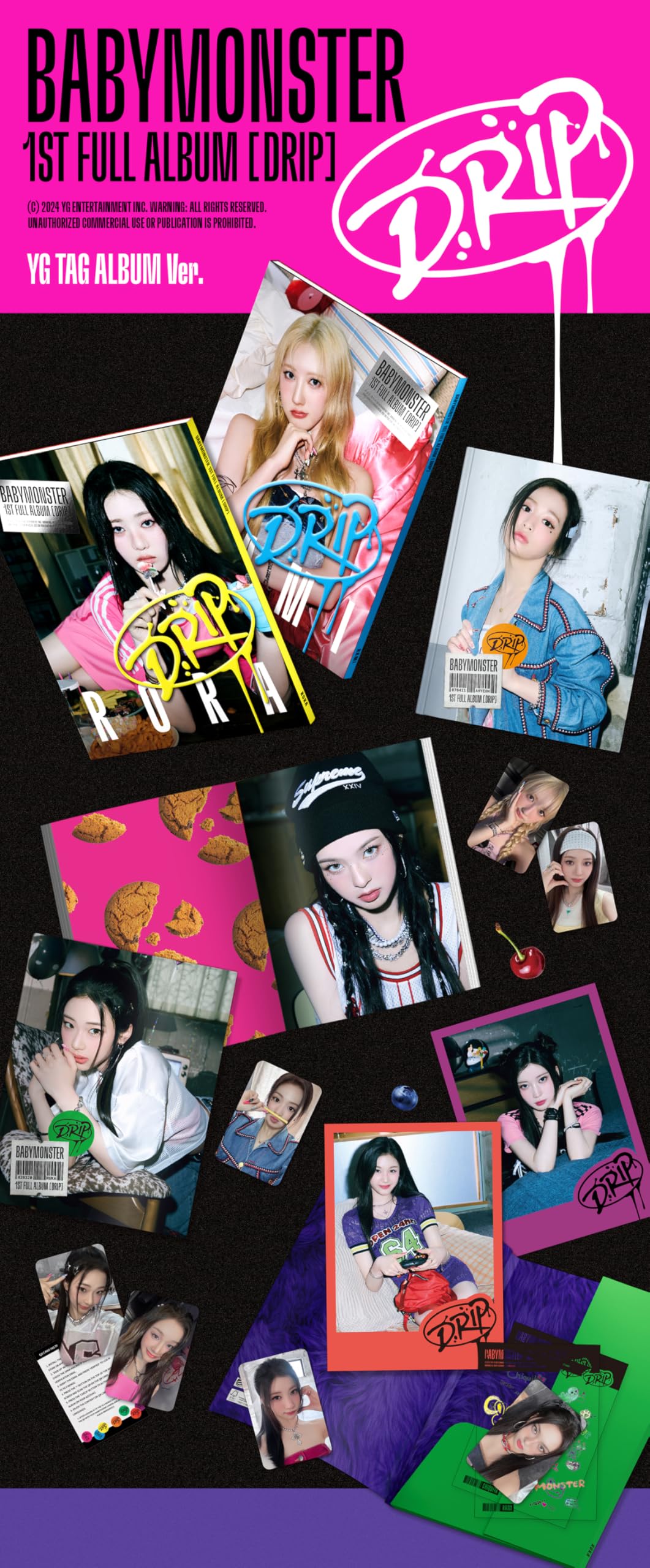 Generic BabyMonster Drip binder contents shown with photo book and selfie cards, great for shelf display.
