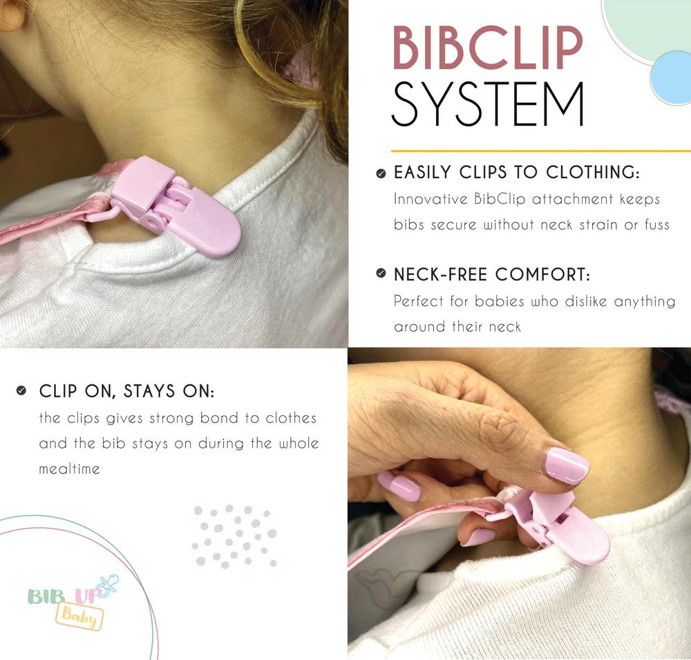 Generic Bib Up mess-pocket catches crumbs to protect clothing.