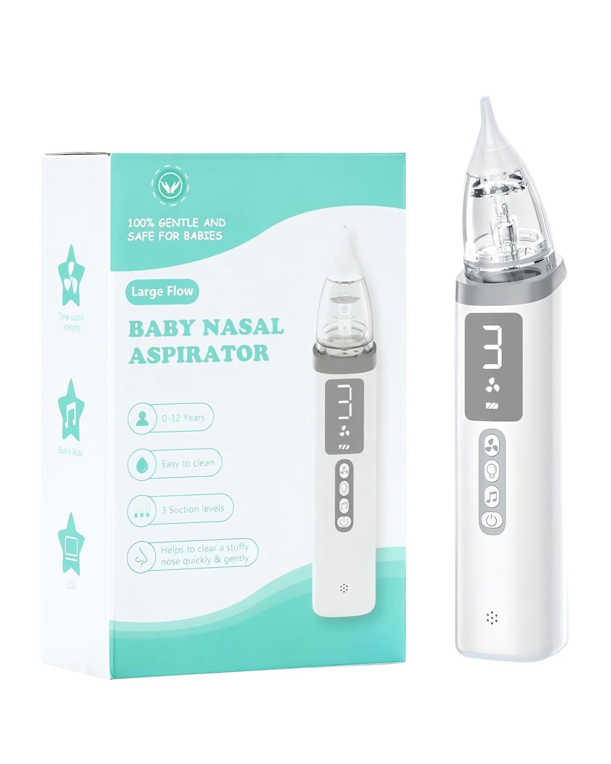 Generic electric nasal aspirator baby front view, compact and gentle.