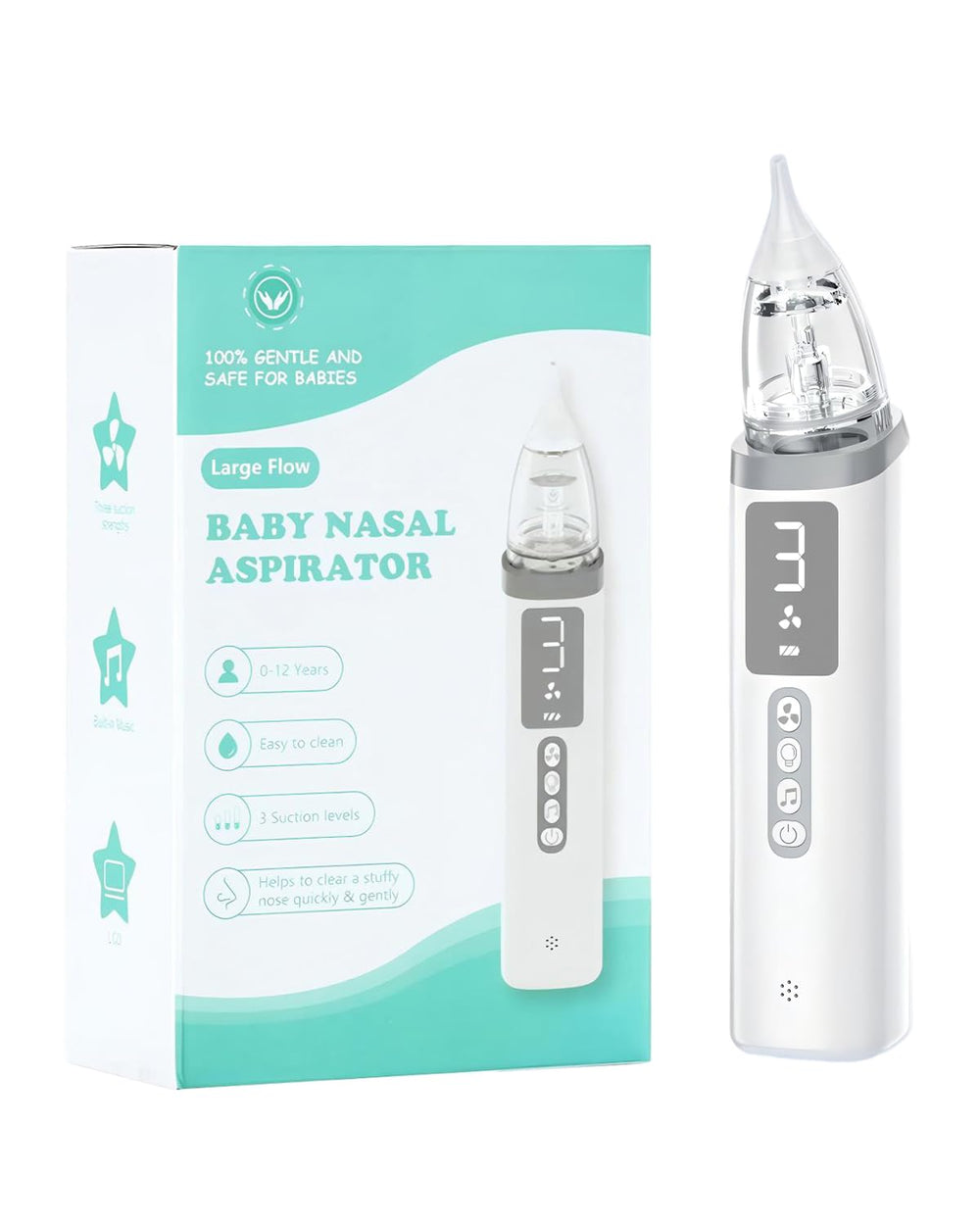 Generic electric nasal aspirator baby front view, compact and gentle.