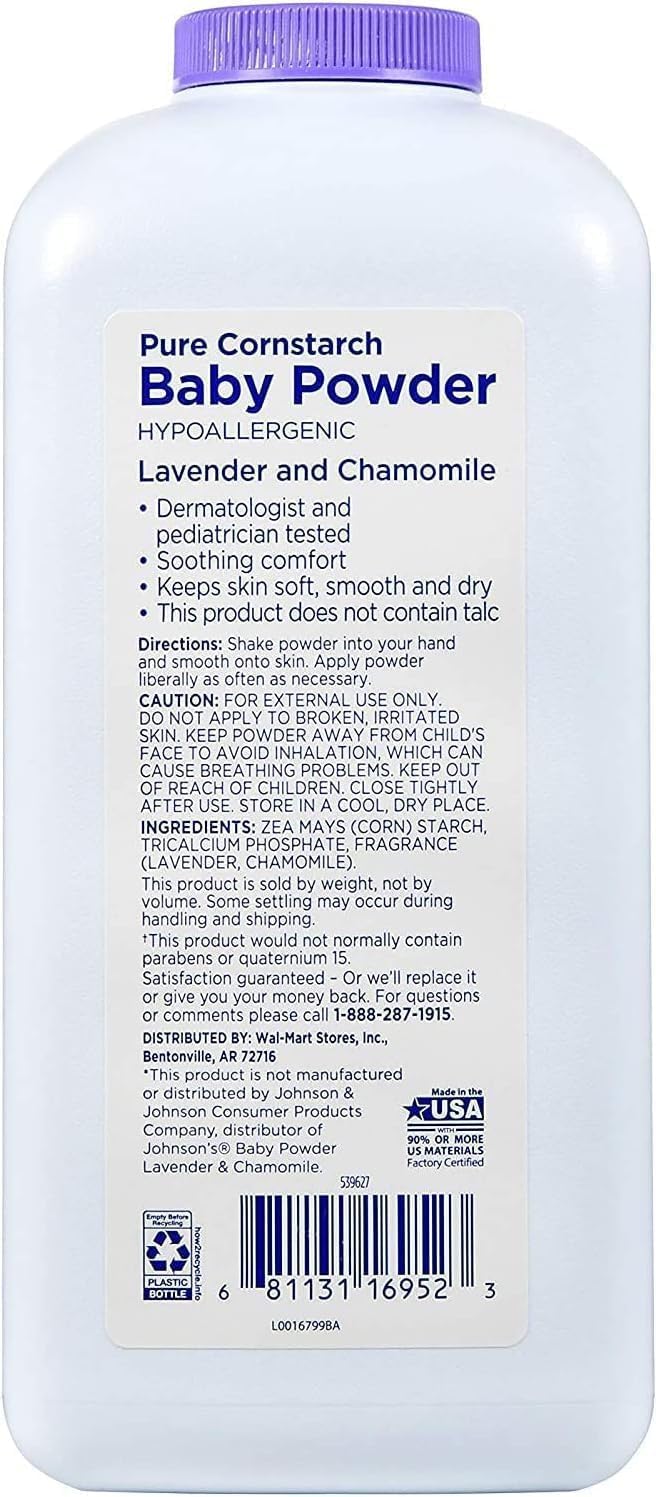 Generic Equate cornstarch baby powder dusting on skin after bath for soft, dry comfort.
