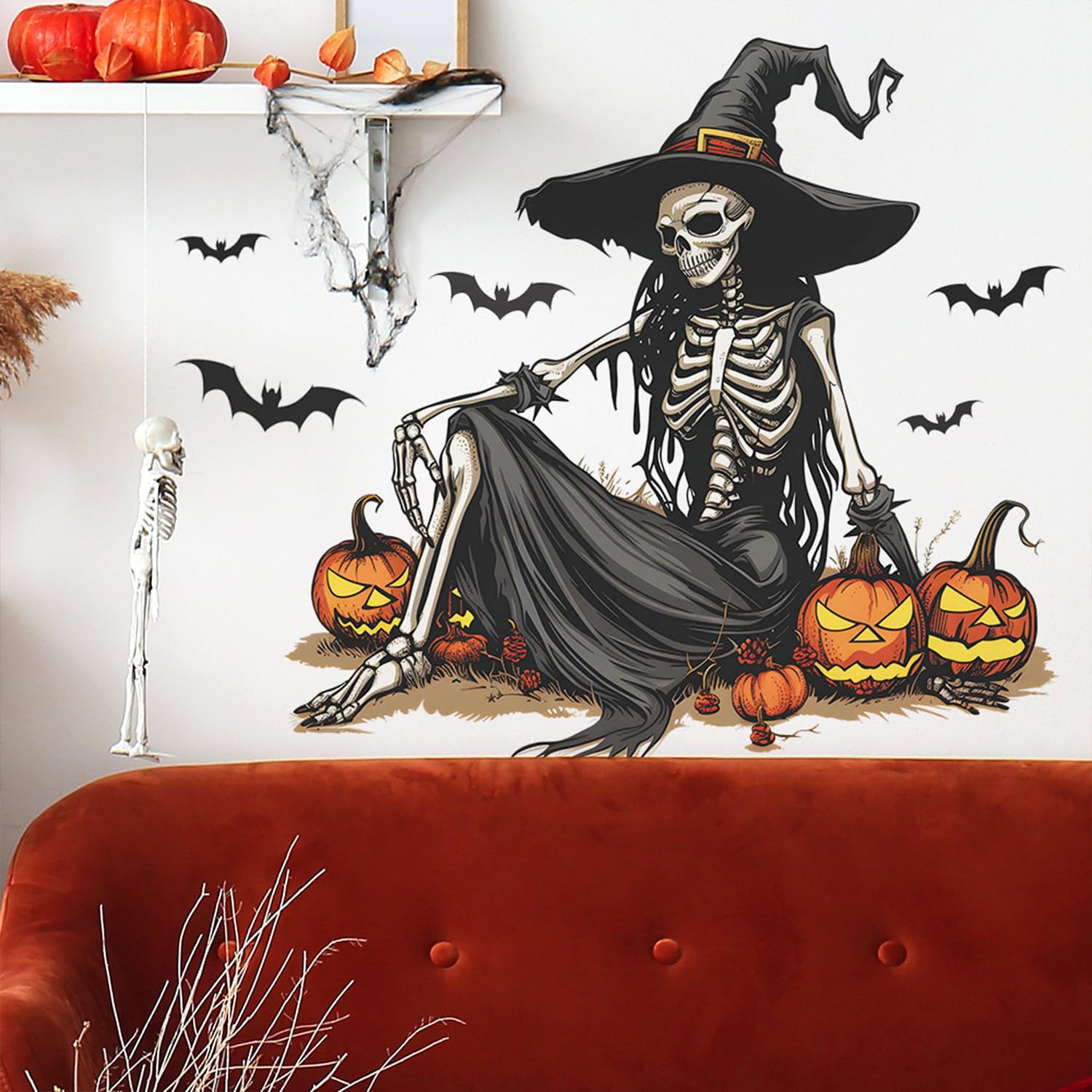 Generic Horror Halloween Witch Skeleton Wall Sticker pumpkin bat motif enhances haunted decor.