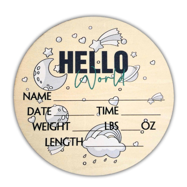 Generic Hello World Newborn Sign displays baby's name and birth details for hospital display.