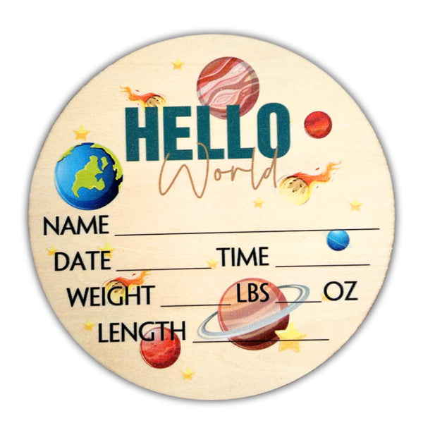 Generic Hello World Newborn Sign highlights the name area for a timeless keepsake.