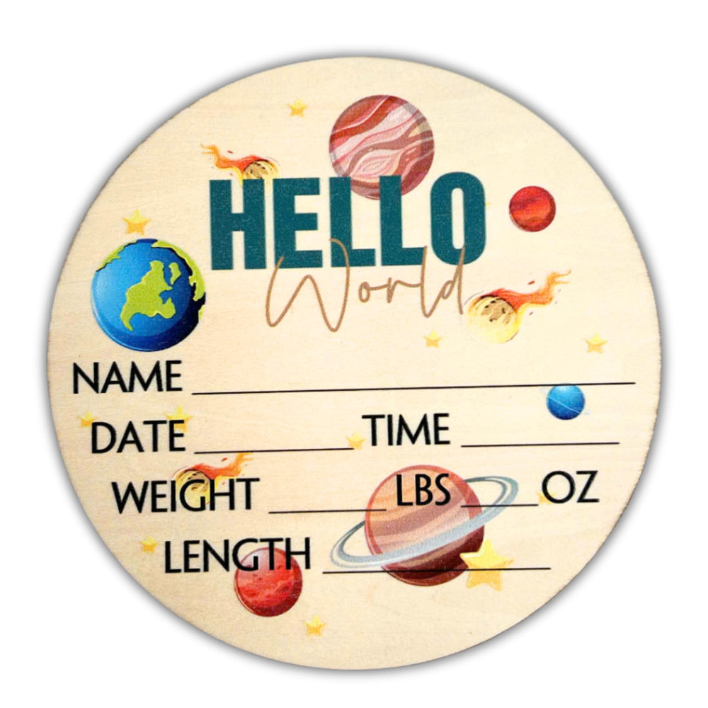 Generic Hello World Newborn Sign highlights the name area for a timeless keepsake.
