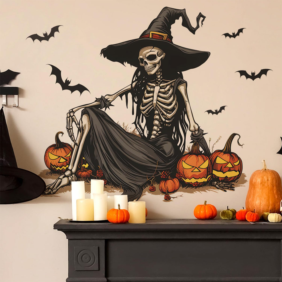 Generic Horror Halloween Witch Skeleton Wall Sticker assembly enhances party backdrop.