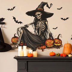 Generic Horror Halloween Witch Skeleton Wall Sticker assembly enhances party backdrop.