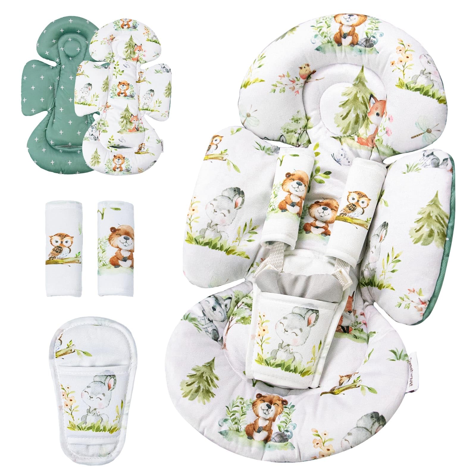 Generic infant car seat insert with head support in Green Woodland for cozy head stability